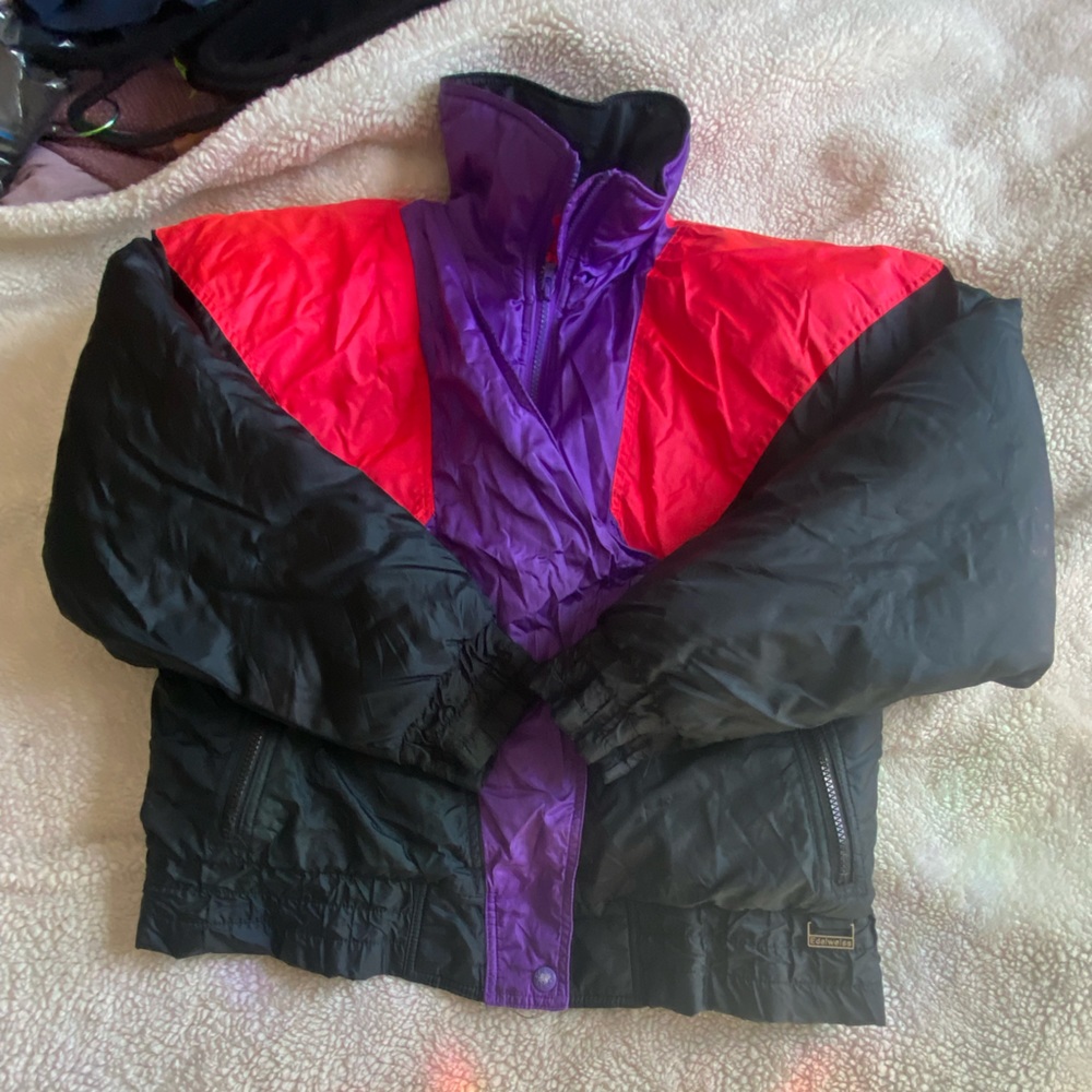 Vintage 80s Edelweiss Skiwear Black Neon Pink Blue Down Filled Puffer coat